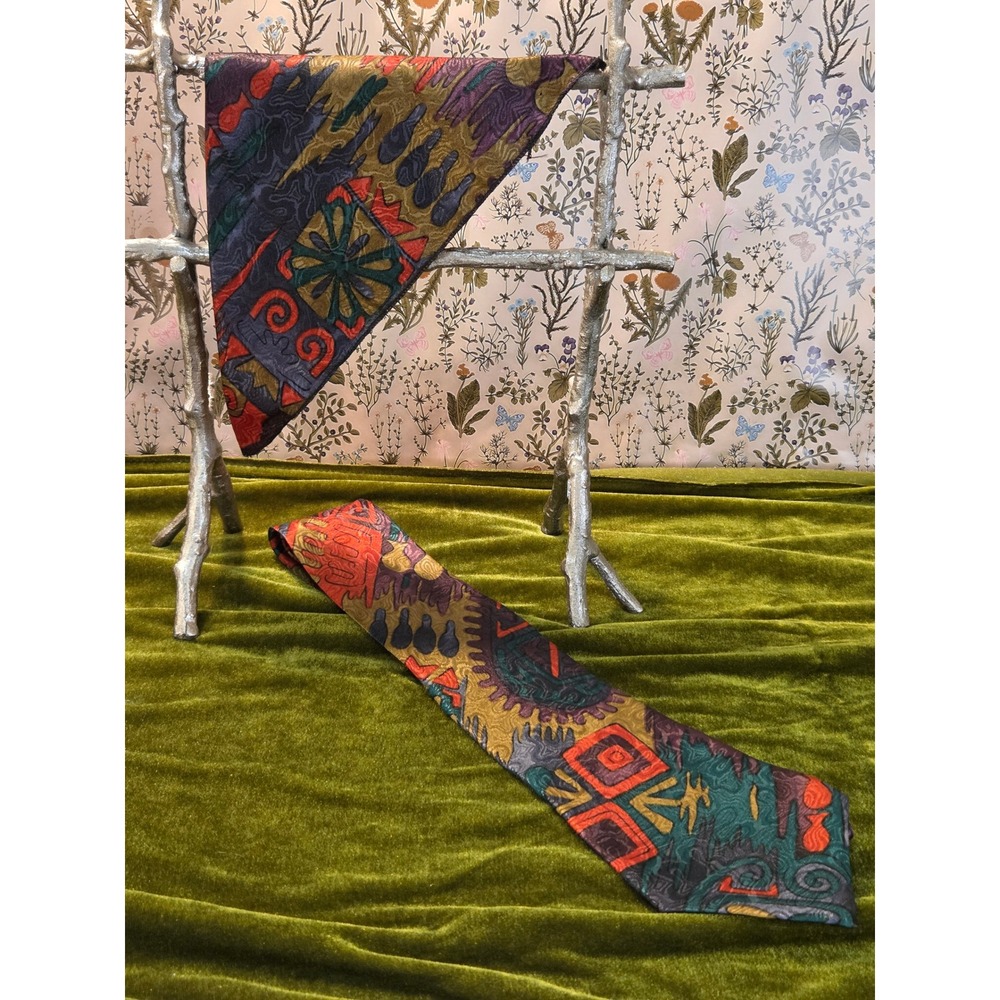 😎Dino Cellian Abstract Geometric Silk‎ Blend Vintage Necktie and Pocket Square - Picture 9 of 9